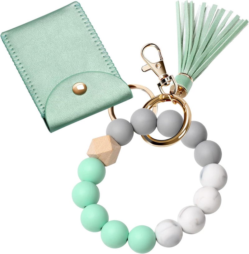 UpUDo Keychain Bracelet Wristlet, Silicone Beaded Key Ring Bracelet with Card Wallet, Elastic Keyring Bangle for Womens - Image 1